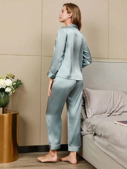 Women's 100% Mulberry Silk Long Sleeve Button Up Pajamas Set
