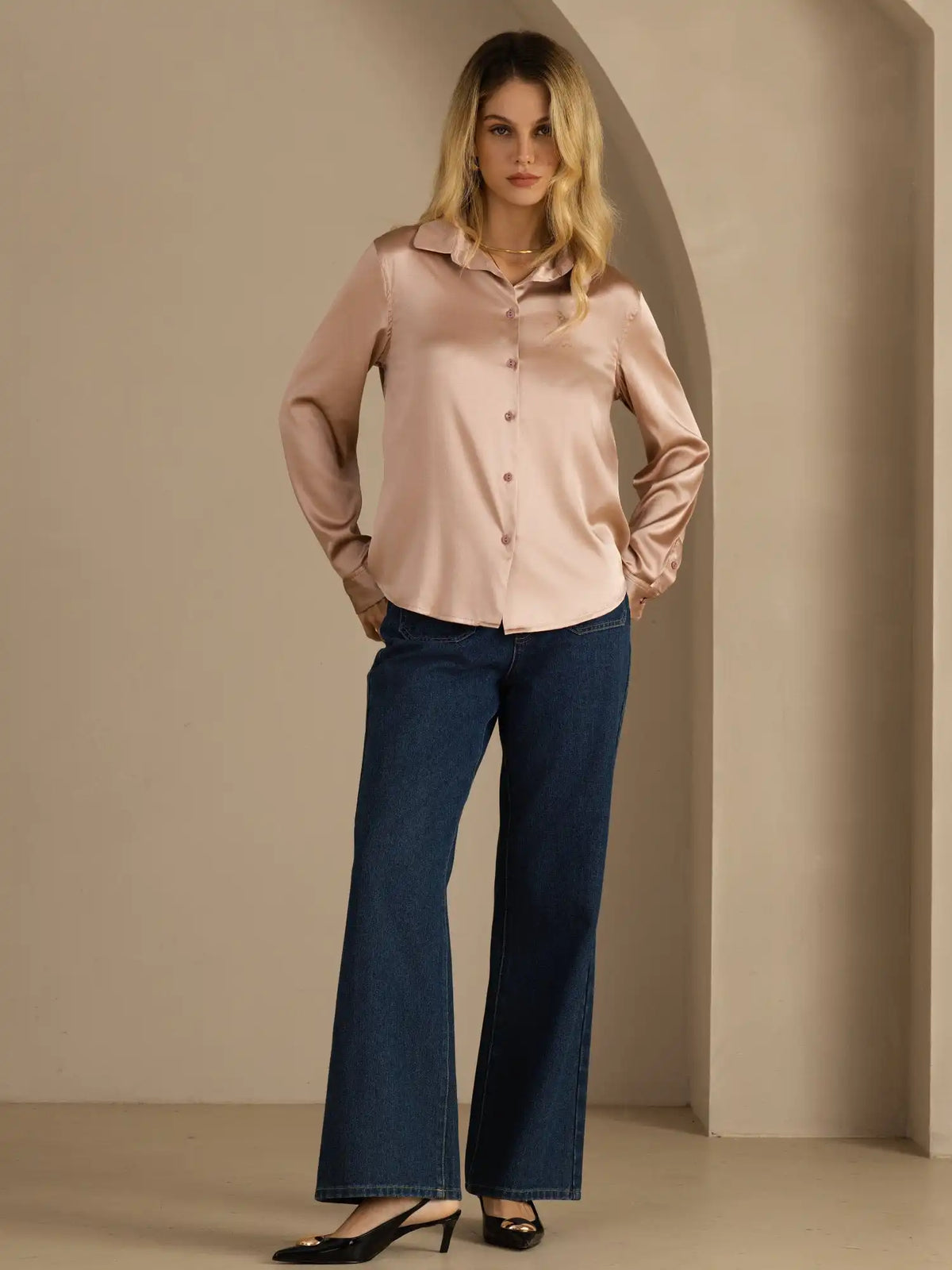 19Momme Silk Long Sleeve Lapel Collar Women's Shirt
