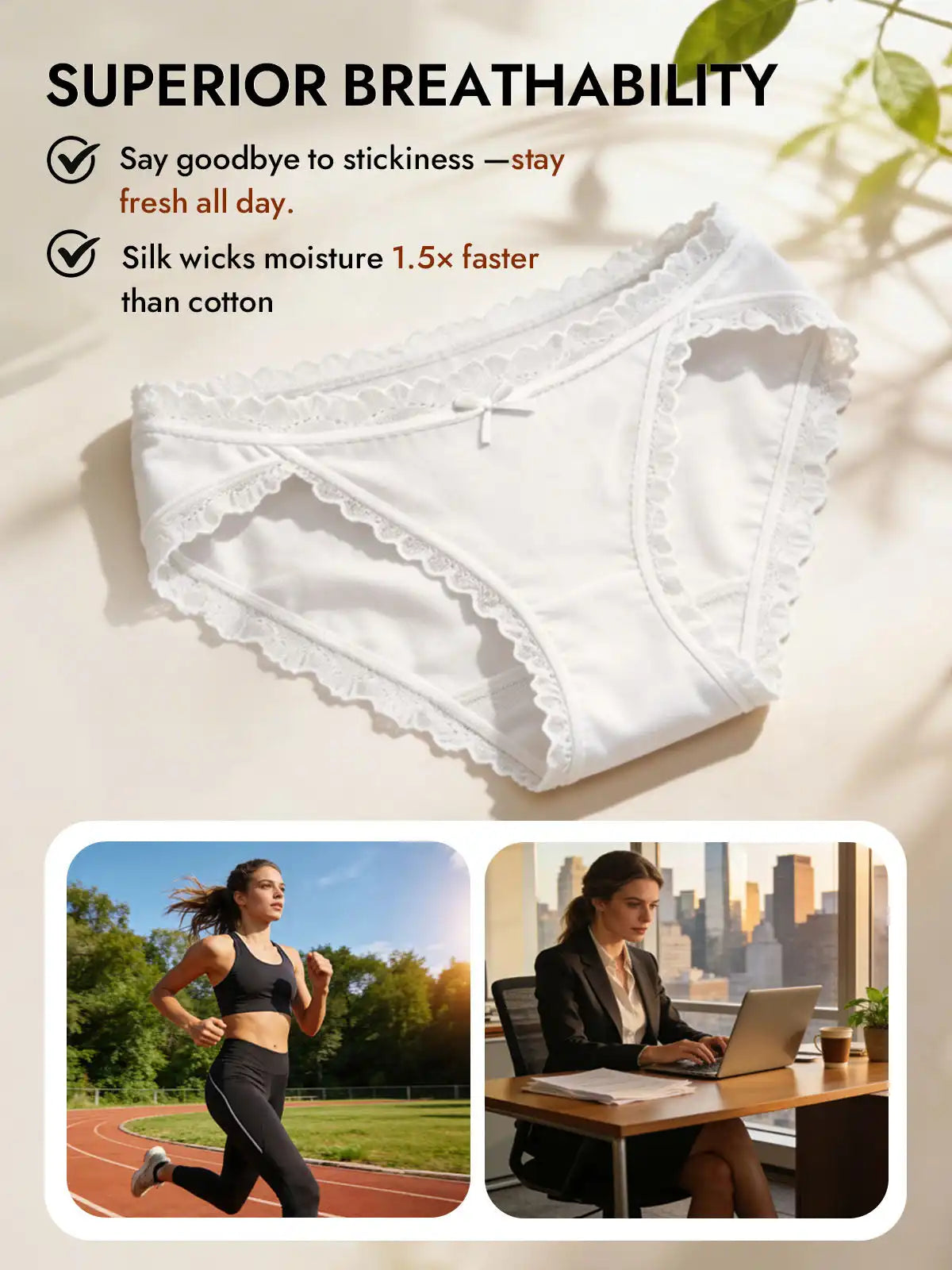 100% Mulberry Silk Lace Trim Bikini Panty with Bow Design