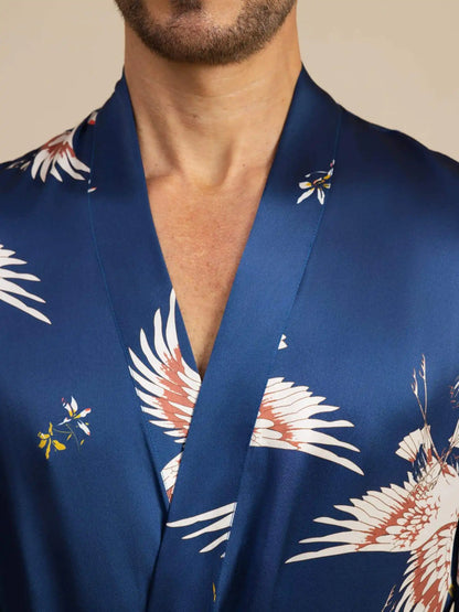 19Momme Pure Silk Men’s Knee Length Crane Printed Robe With Belted Design