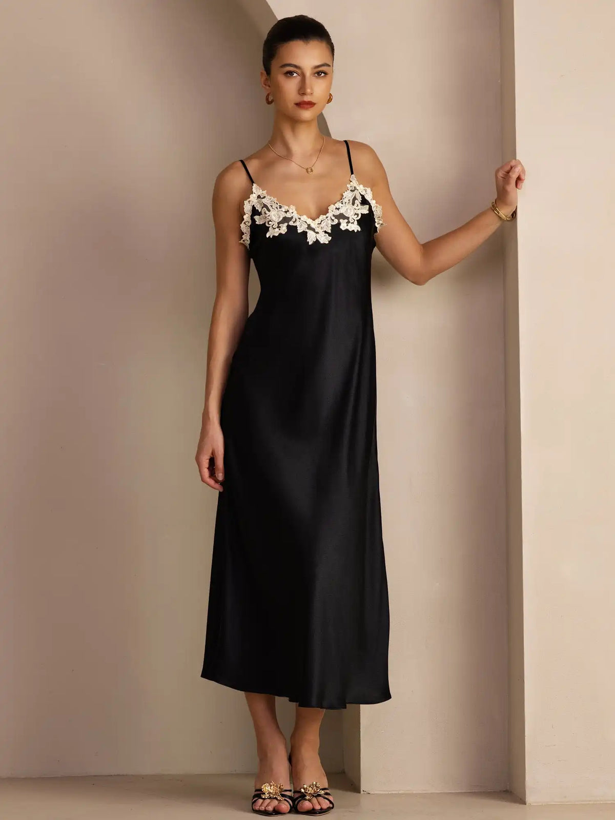 100% Mulberry Silk Spaghetti Strap V Neck Midi Dress with Lace V-Back Design
