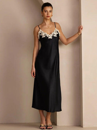 100% Mulberry Silk Spaghetti Strap V Neck Midi Dress with Lace V-Back Design