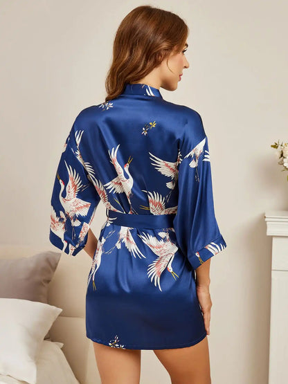 19Momme 100% Mulberry Silk Crane Print 3/4 Sleeve Short Women's Kimono Robe with Wrap Design