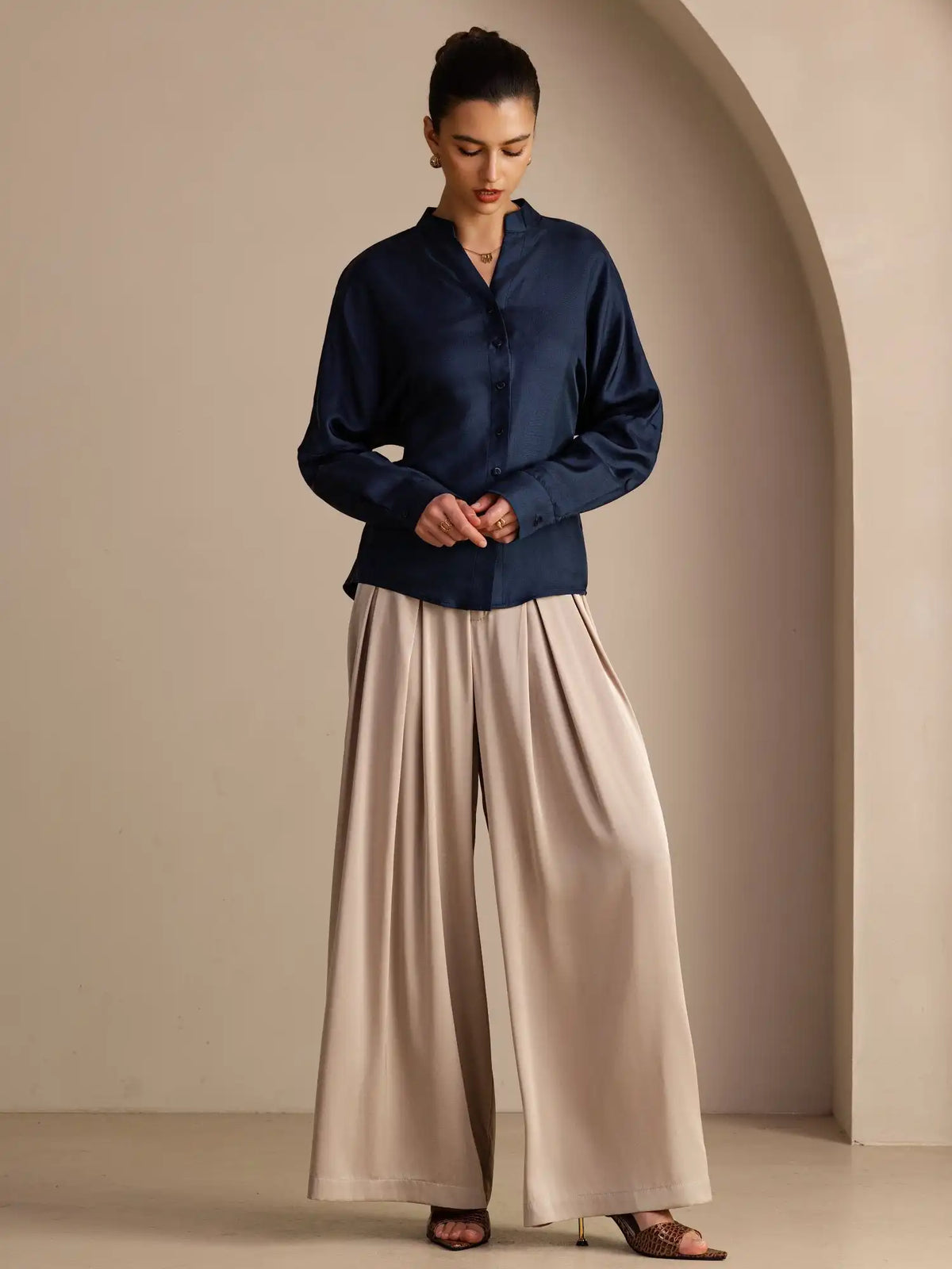 100% Mulberry Silk Women’s Split Neck Long Sleeve Blouse With Drawstring
