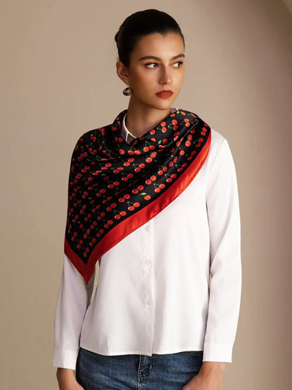 100% Mulberry Silk Cherry Pattern Scarf - Size 90x90cm