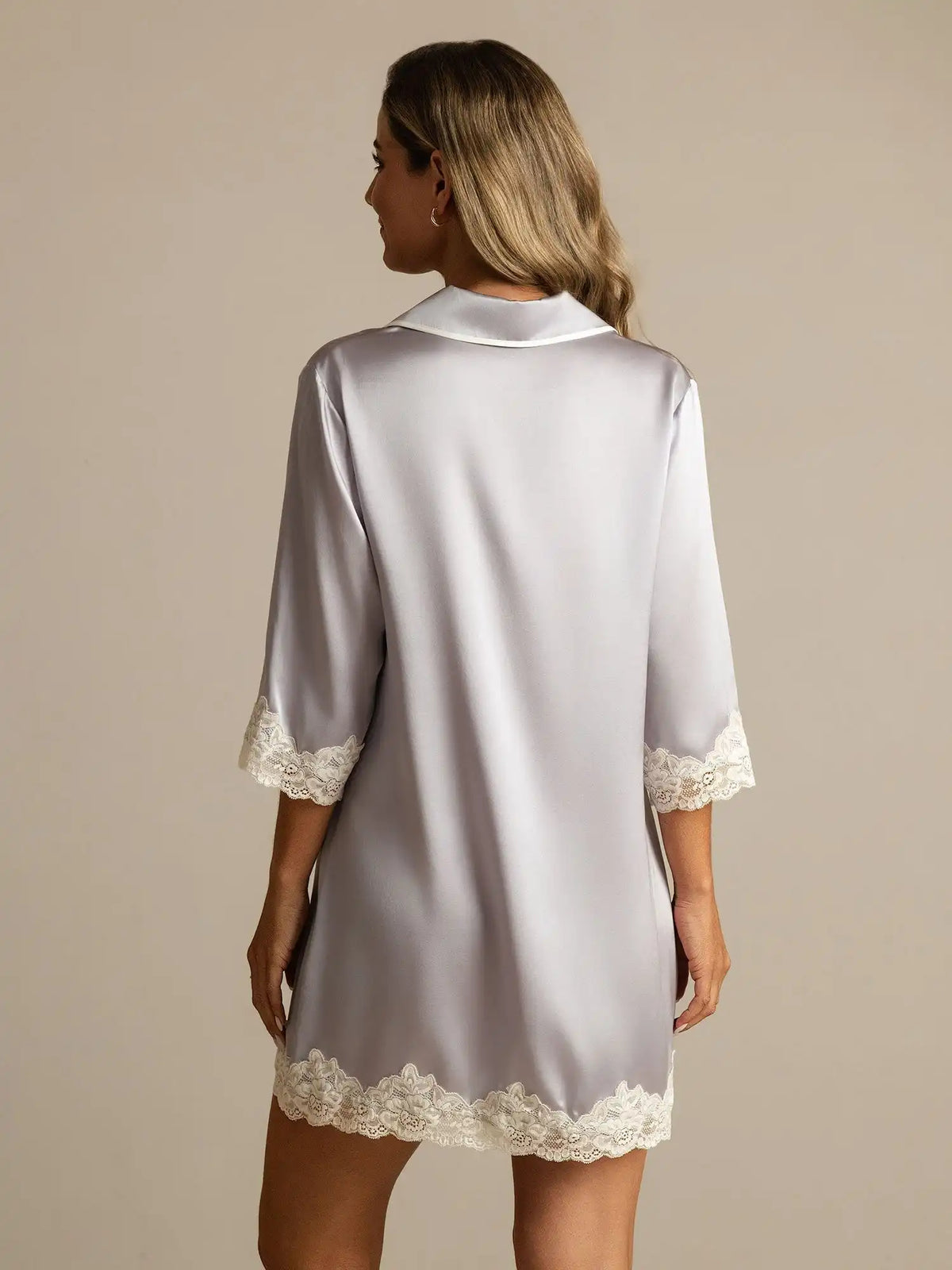 100% Mulberry Silk Button Up Nightshirt with Lace Design