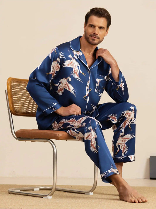 19Momme 100% Mulberry Silk Men's Crane Print Long Sleeve Notch Collar Pajamas Set