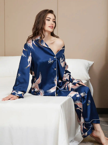 19Momme 100% Mulberry Silk Crane Print Women's Long Sleeve Notch Collar Pajamas Set