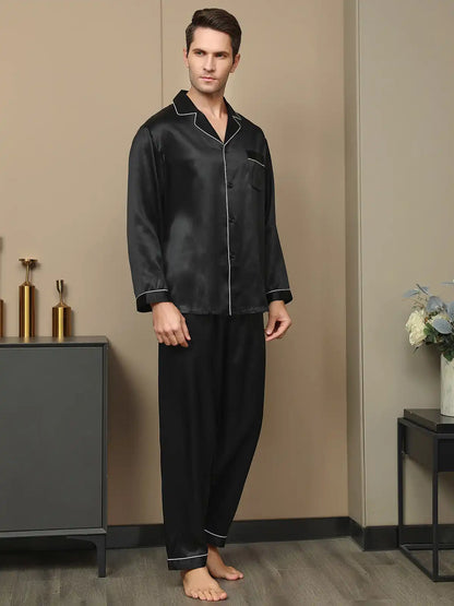100% Mulberry Silk Long Sleeve Notch Collar Men's Pajamas Set with Button Up Design