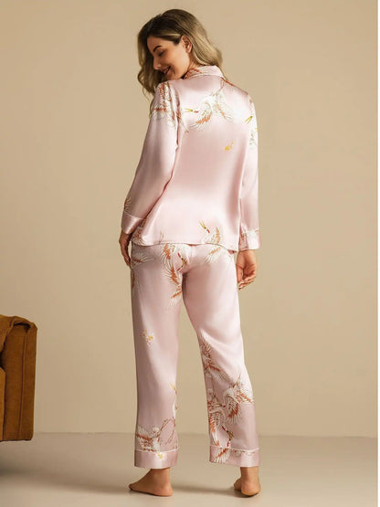 19Momme Women's Crane Print Long Sleeve 100% Mulberry Silk Pajamas Set