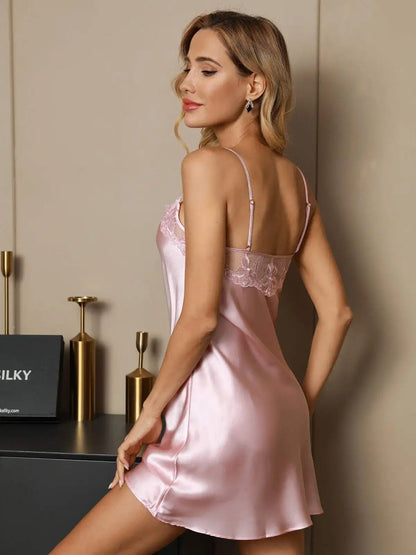 100% Mulberry Silk Lace V-neck Sexy Nightgown