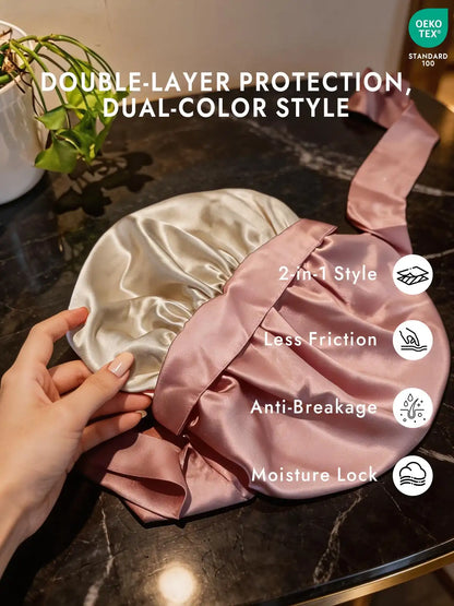 Women's 100% Mulberry Silk Casual Bonnet with Long Ribbons (Two-tone and Double-sided)