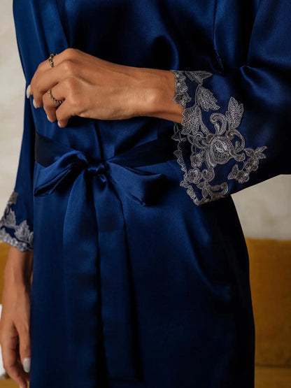 100% Mulberry Silk Lace Cuffs Robe Wrap Kimono Belted with 3/4 Sleeves