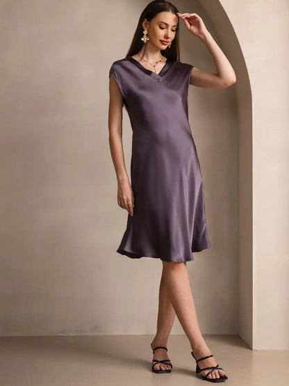 100% Mulberry Silk Cap Sleeve V-neck Midi Nightgown