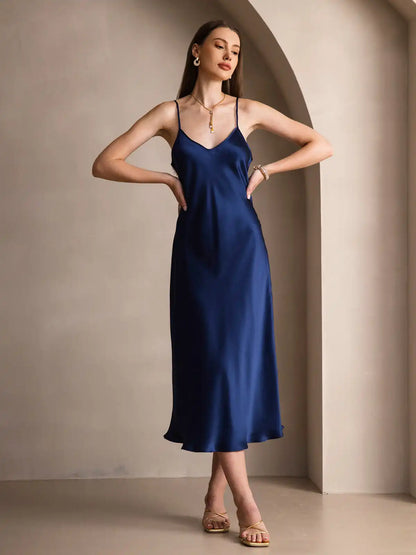 100% Mulberry Silk Spaghetti Strap V Neck Midi Dress