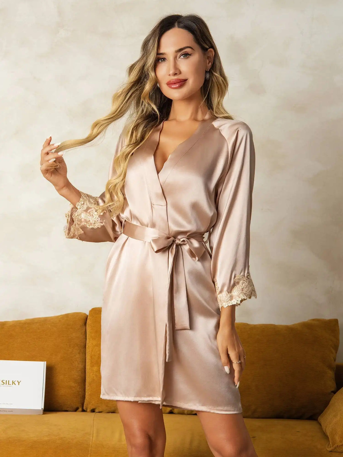 100% Mulberry Silk Lace Cuffs Robe Wrap Kimono Belted with 3/4 Sleeves