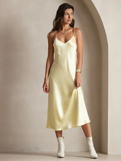 100% Mulberry Silk Spaghetti Strap V-neck Midi Nightgown