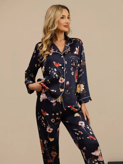 Women's 100% Mulberry Silk Navy Floral Print Long Sleeve Lapel Collar Button Up Pajamas Set