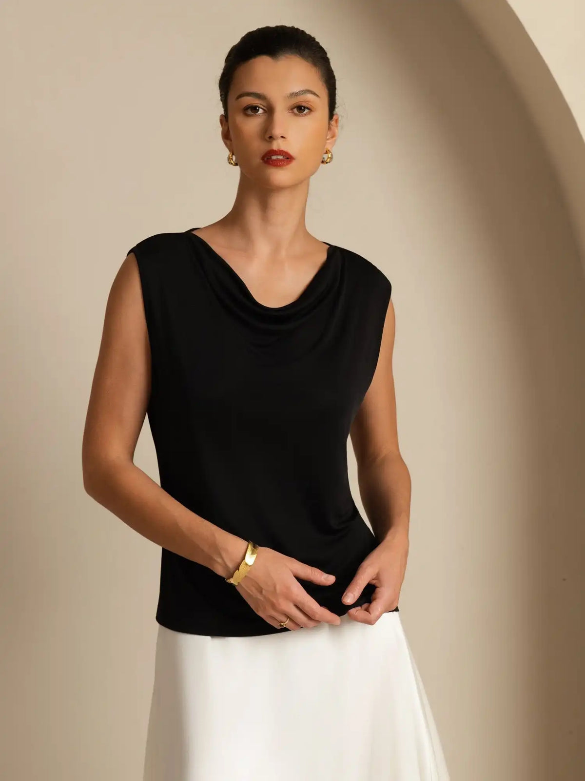 Clearance - Pure Silk  Women's Sleeveless Cowl Neck Basic Casual Top