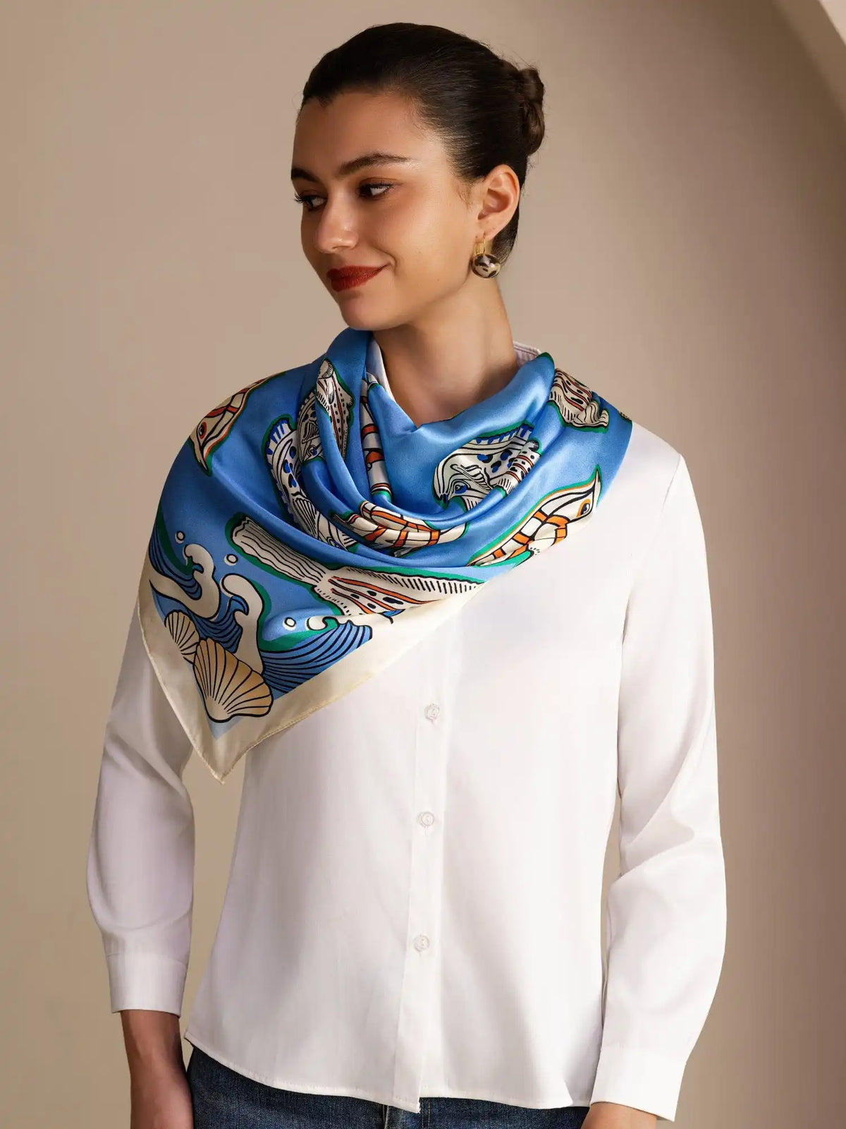 100% Mulberry Silk Fish Pattern Scarf - Size 90x90cm