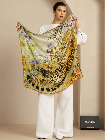 100% Mulberry Silk Leopard & Floral Scarf - Size 90x90cm