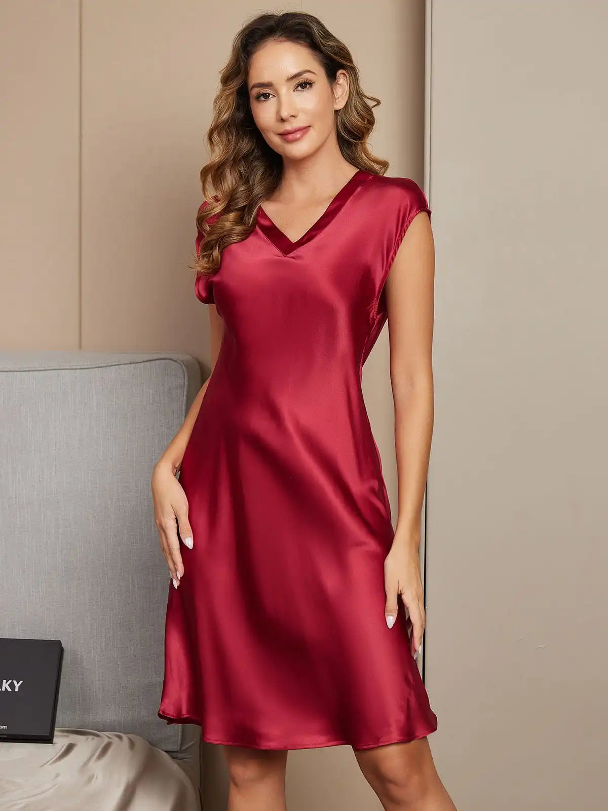 100% Mulberry Silk Cap Sleeve V-neck Midi Nightgown