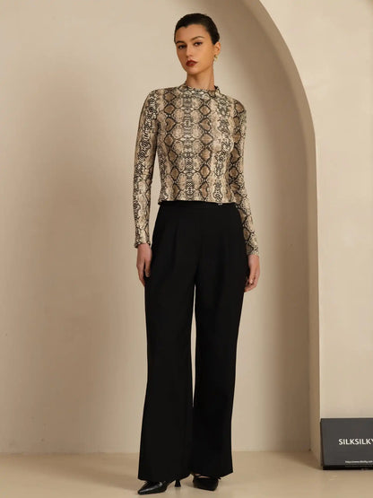 100% Mulberry Silk Wild Animal Print Women's Long Sleeve Mock Neck Top
