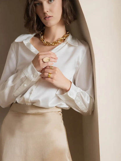 19Momme Silk Long Sleeve Lapel Collar Women's Shirt with Button Up Design