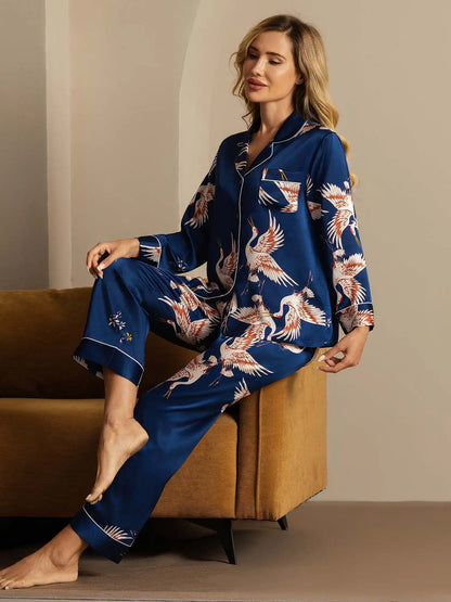 19Momme Women's 100% Mulberry Silk Crane Print Long Sleeve Notch Collar Pajamas Set