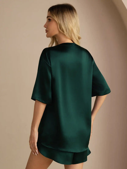 100% Mulberry Silk Short Sleeve Round Neck Womens Sleep Tee (Shorts Not Included)