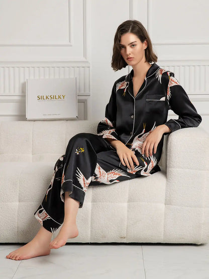 19Momme 100% Mulberry Silk Crane Print Women's Long Sleeve Notch Collar Pajamas Set