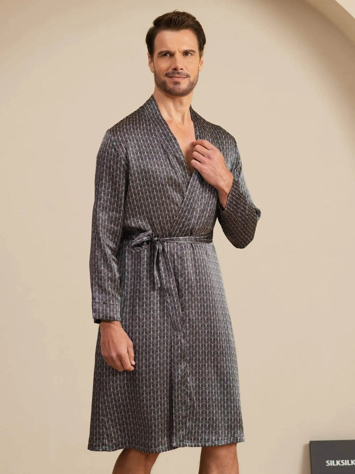 100% Mulberry Silk Men’s Knee Length Ginkgo Printed Robe With Belted Design