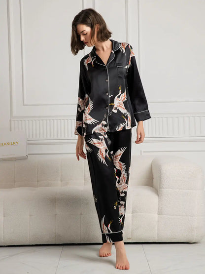 19Momme Women's Crane Print Long Sleeve 100% Mulberry Silk Pajamas Set