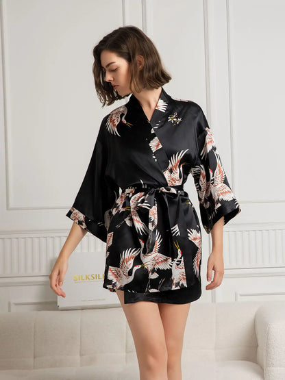 19Momme 100% Mulberry Silk Crane Print 3/4 Sleeve Short Women's Kimono Robe with Wrap Design