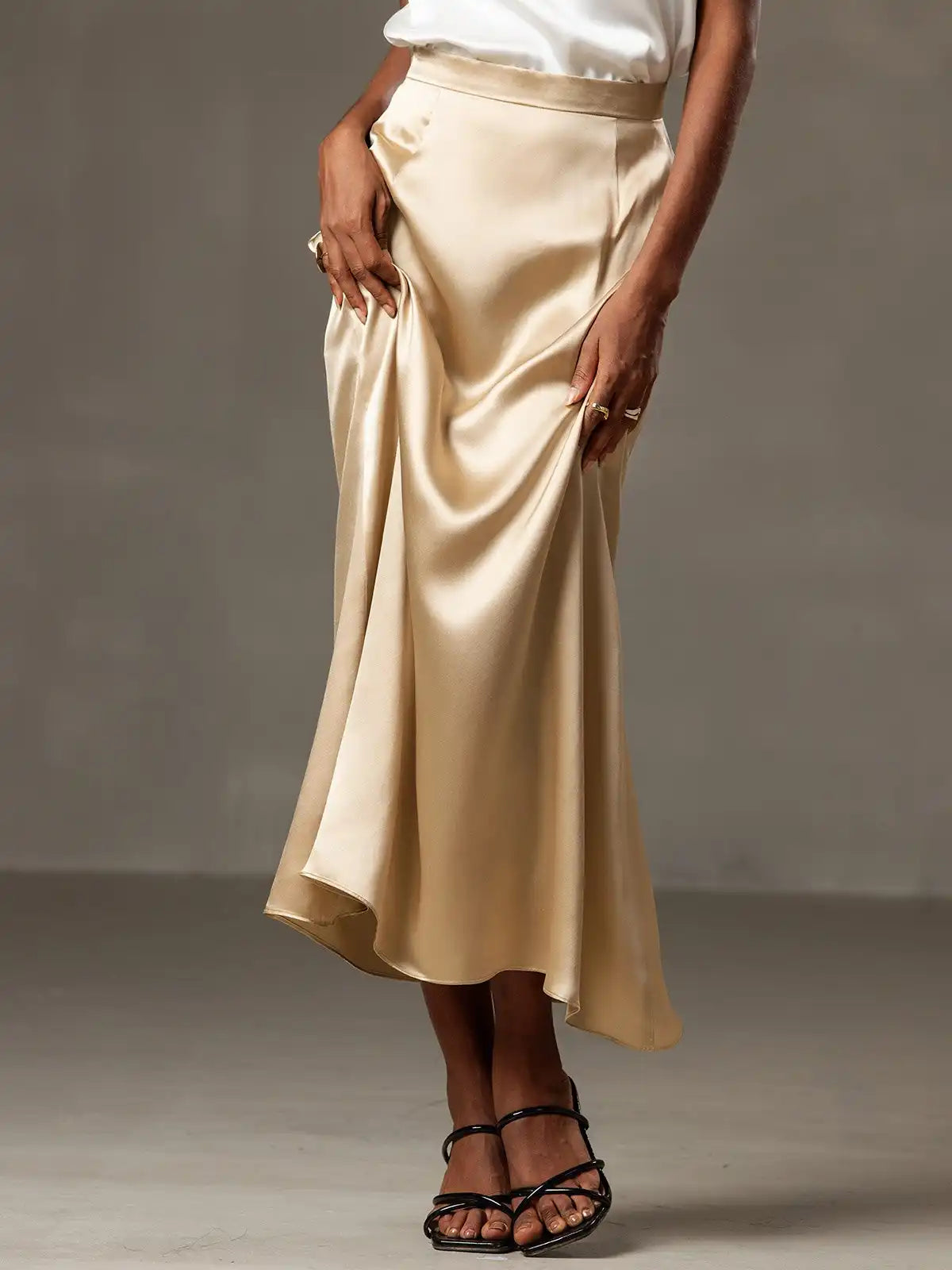 Clearance - 19Momme Silk A Line Maxi Skirt with Zipper Design