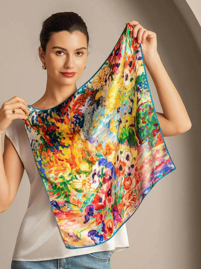 100% Mulberry Silk Oil Painting Square Scarf - Size 53x53cm