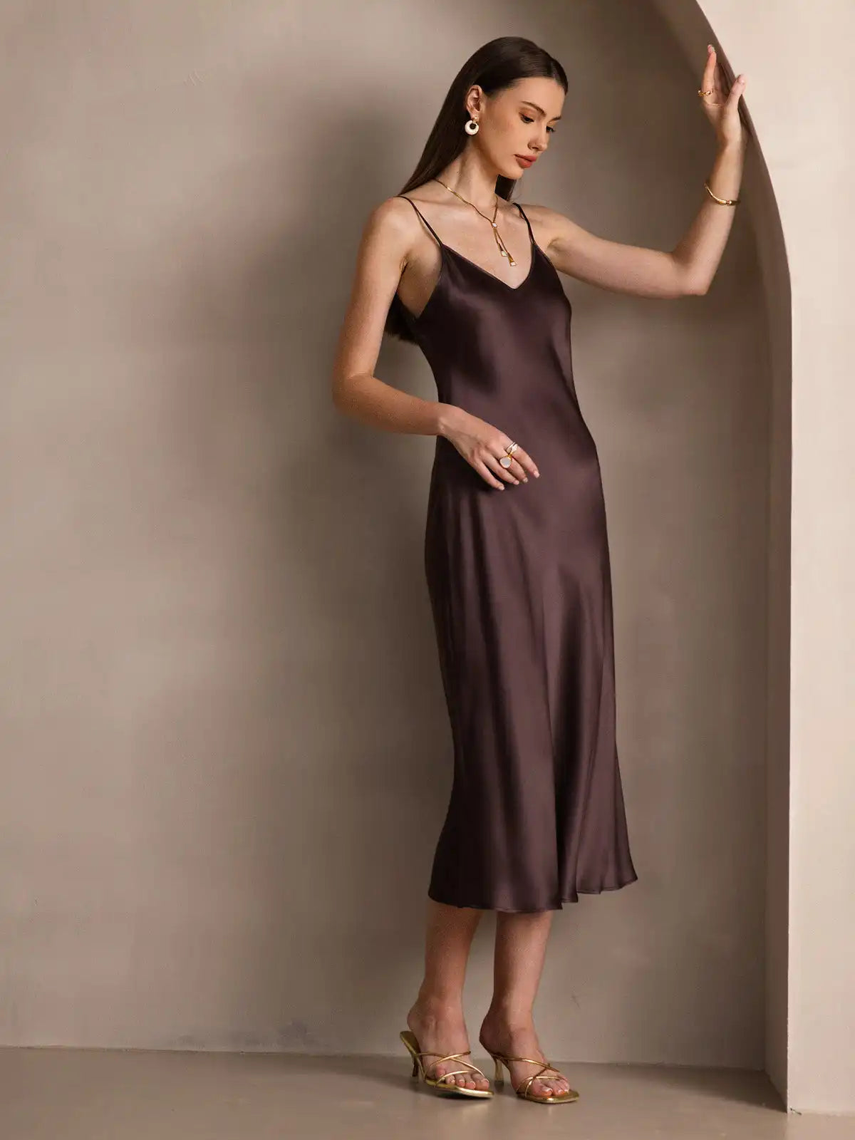 100% Mulberry Silk Spaghetti Strap V Neck Midi Dress