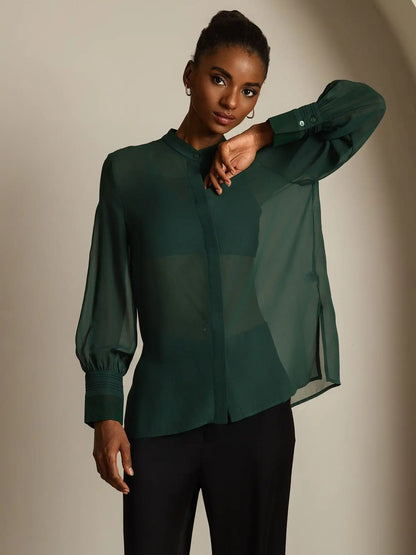 100% Mulberry Silk Long Sleeve Split Sheer Blouse