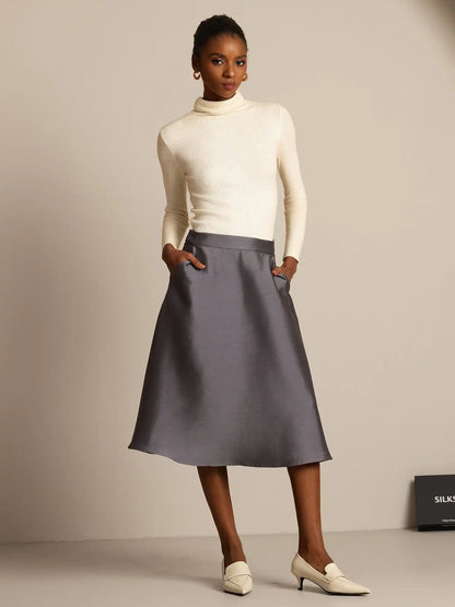 32Momme Silk-Wool Blend  A Line Midi Skirt with Zipper Deign