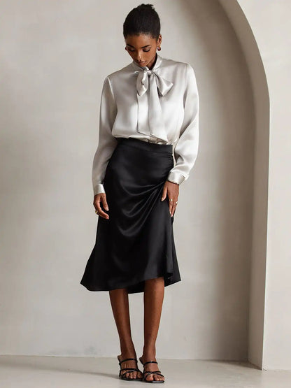 Elegant 19Momme Silk Long Sleeve Tie Neck Blouse