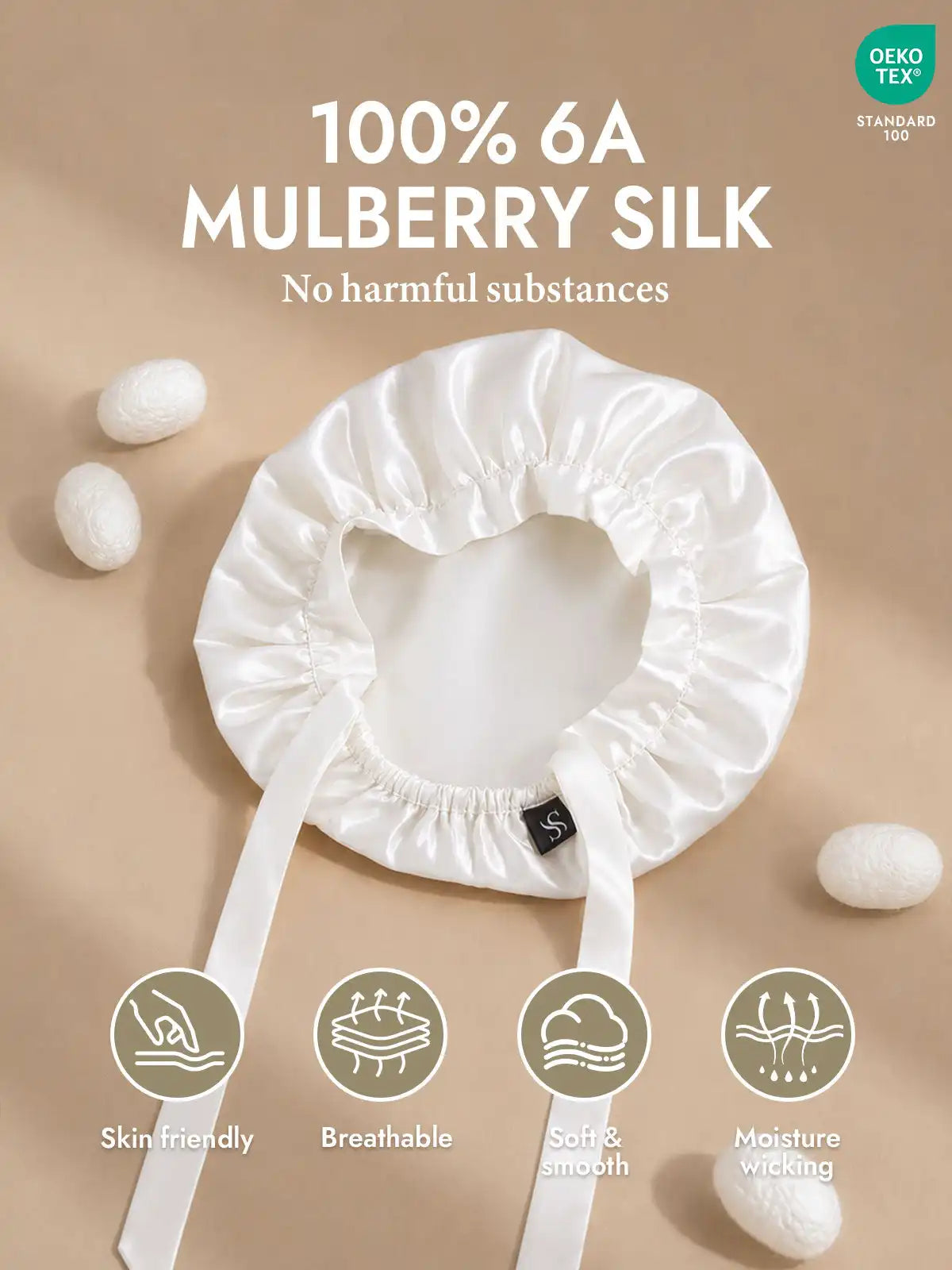 100% Mulberry Silk Sleep Bonnet with Ribbons