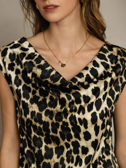 Clearance - 19Momme Silk Leopard Print Cap Sleeve Cowl Neck Women's Top