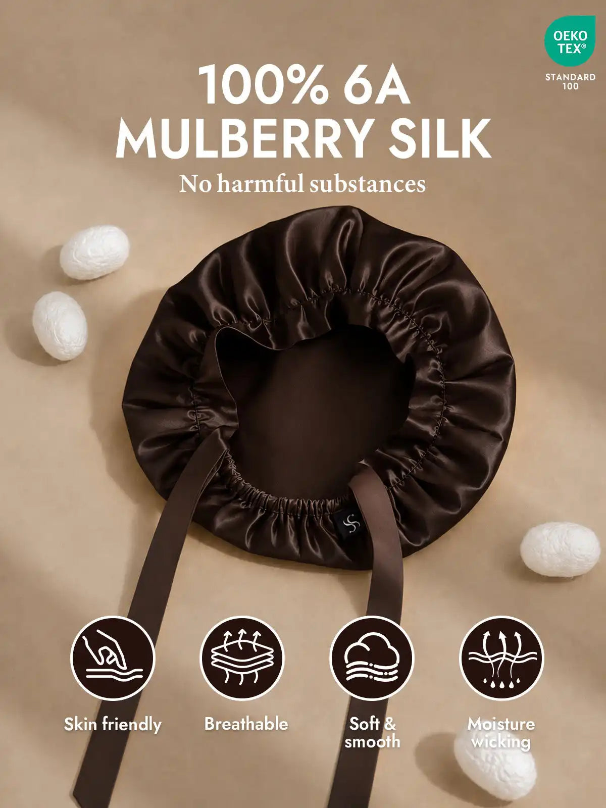 100% Mulberry Silk Sleep Bonnet with Ribbons