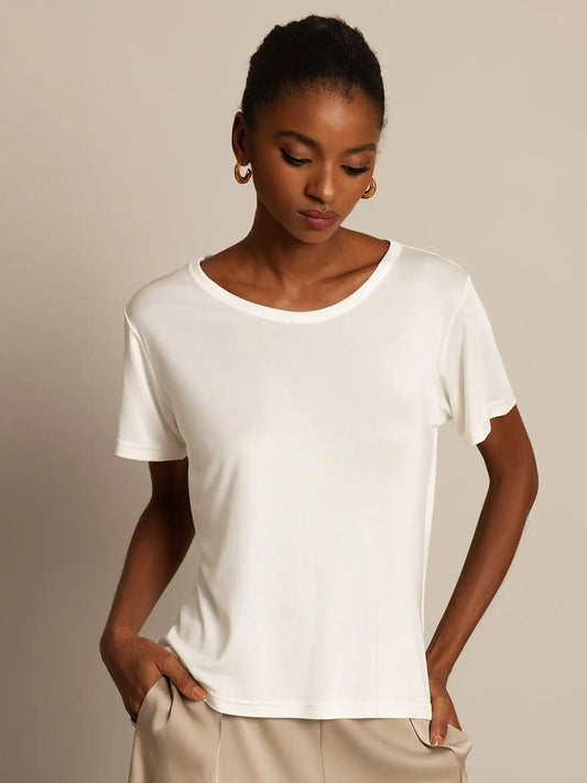 Women's 100% Mulberry Silk Short Sleeve Round Neck Basic T-Shirt