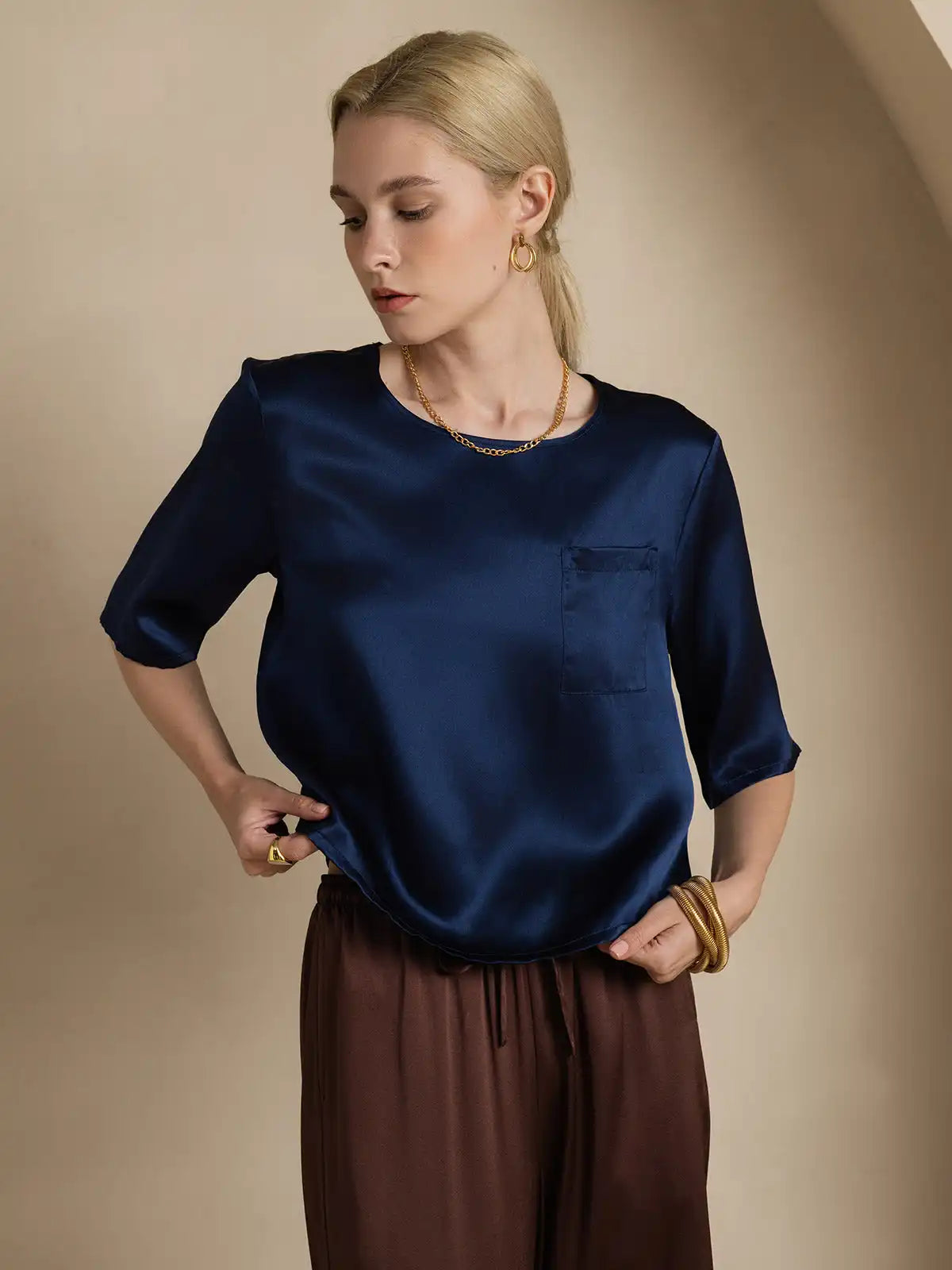 100% Mulberry Silk Women's Blouse Short Sleeve Boxy Crop Top