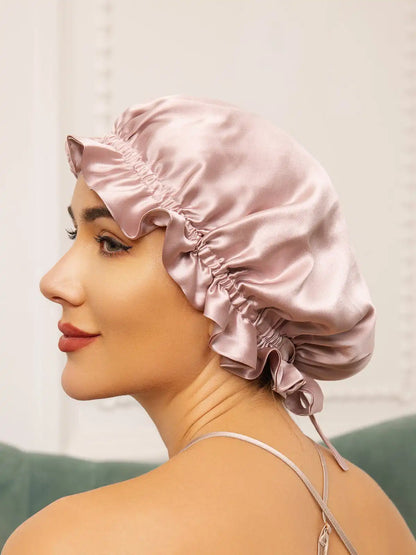 100% Mulberry Silk Sleep Cap Double Layer Bonnet with Ribbon