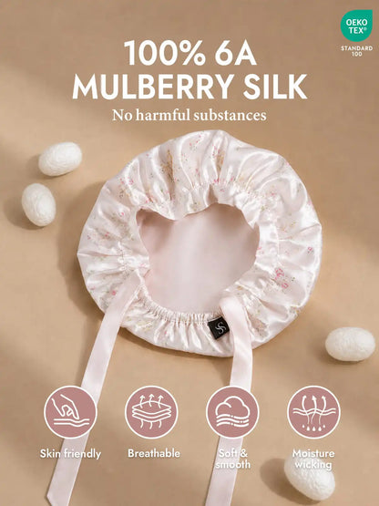 100% Mulberry Silk Sleep Bonnet with Ribbons