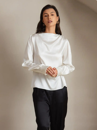 Clearance(US Warehouse) - 19Momme Silk Long Sleeve Boat Neck Blouse