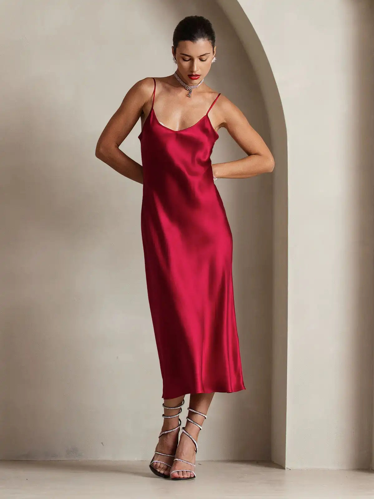 100% Mulberry Silk Spaghetti Strap Midi Long Dress