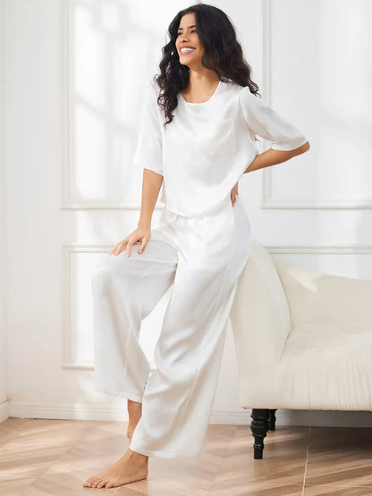 Women's 100% Mulberry Silk Half Sleeve Round Neck Pajamas Set
